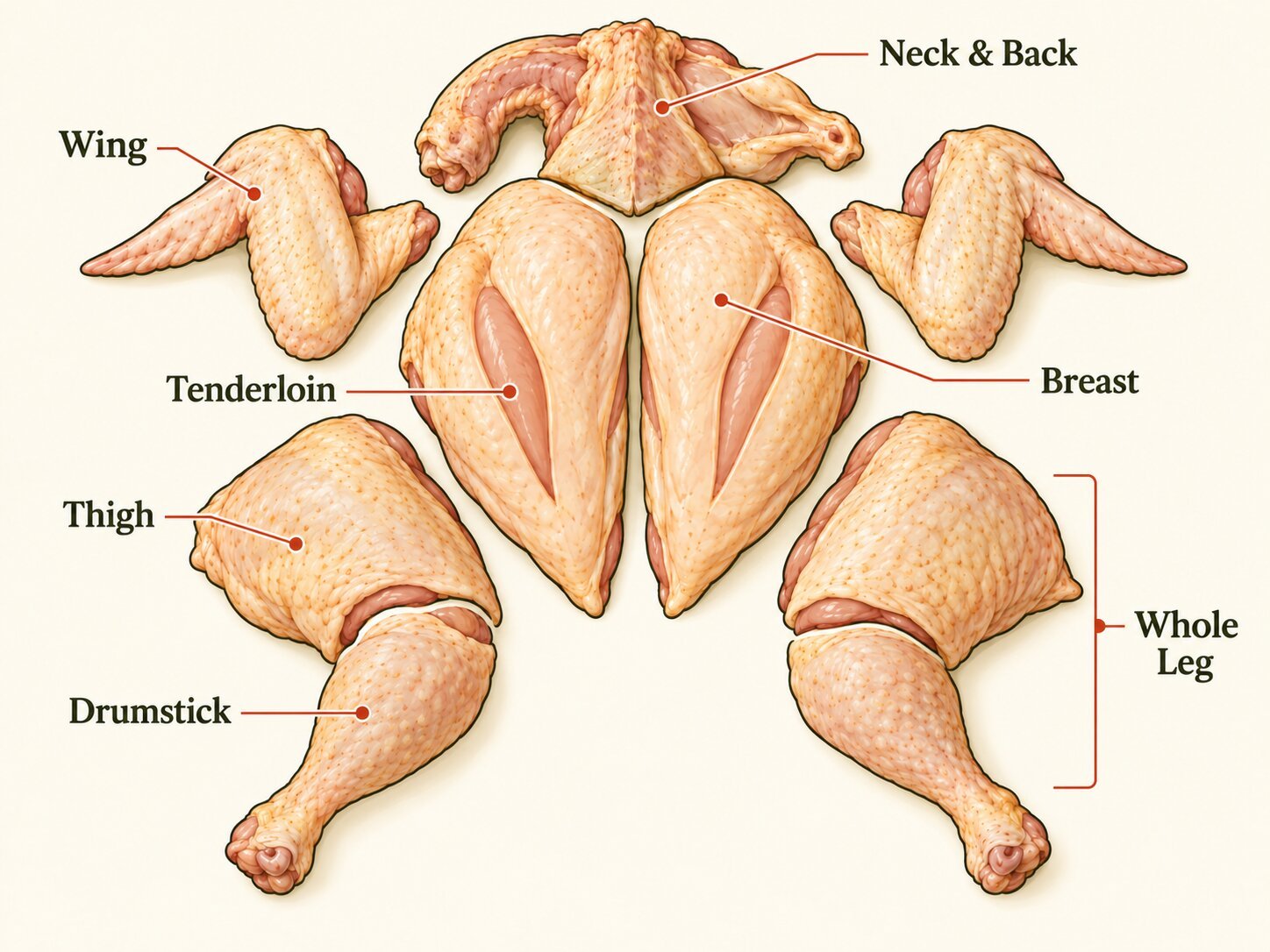 Chicken cuts diagram showing breast, tenderloin, thigh, drumstick, wing, neck and back, and whole leg.