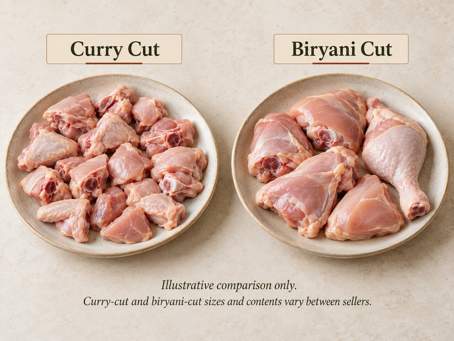 Curry cut and biryani cut chicken comparison showing smaller mixed curry pieces beside larger biryani pieces.