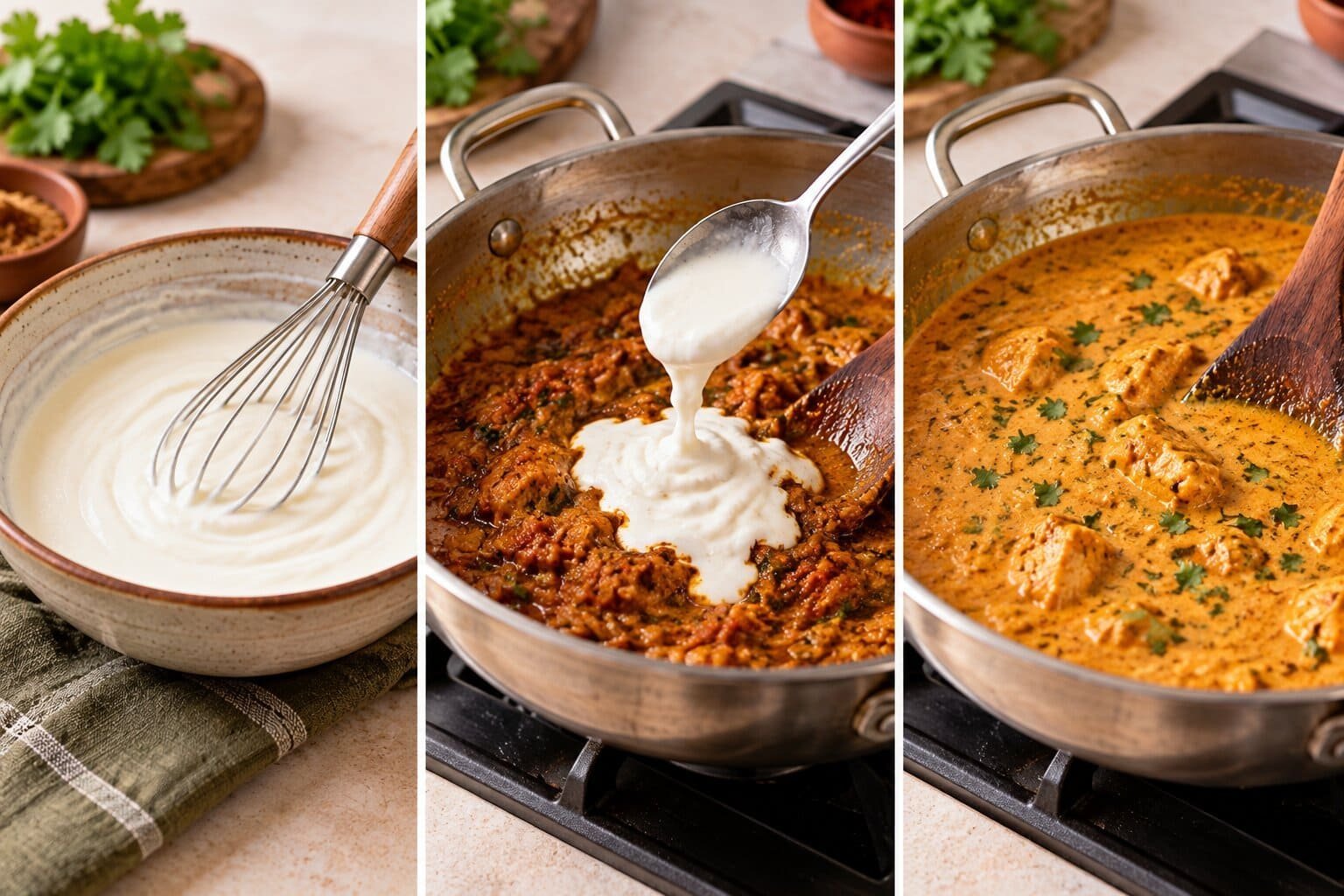 Whisked yogurt, yogurt being added gradually to curry masala, and the finished smooth yogurt curry shown in three stages.