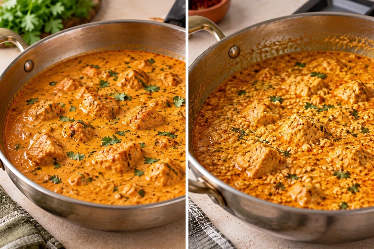 Smooth yogurt curry beside a split yogurt curry showing grainy curds and watery separation.